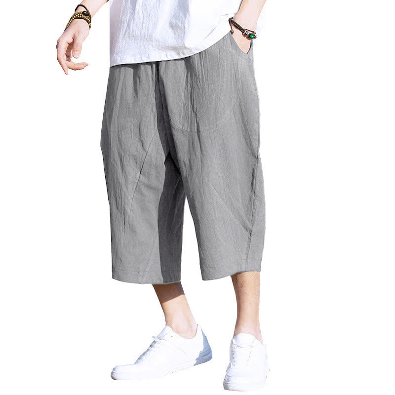 Breathable Cotton Linen Crop Straight-Leg Meditation Pants