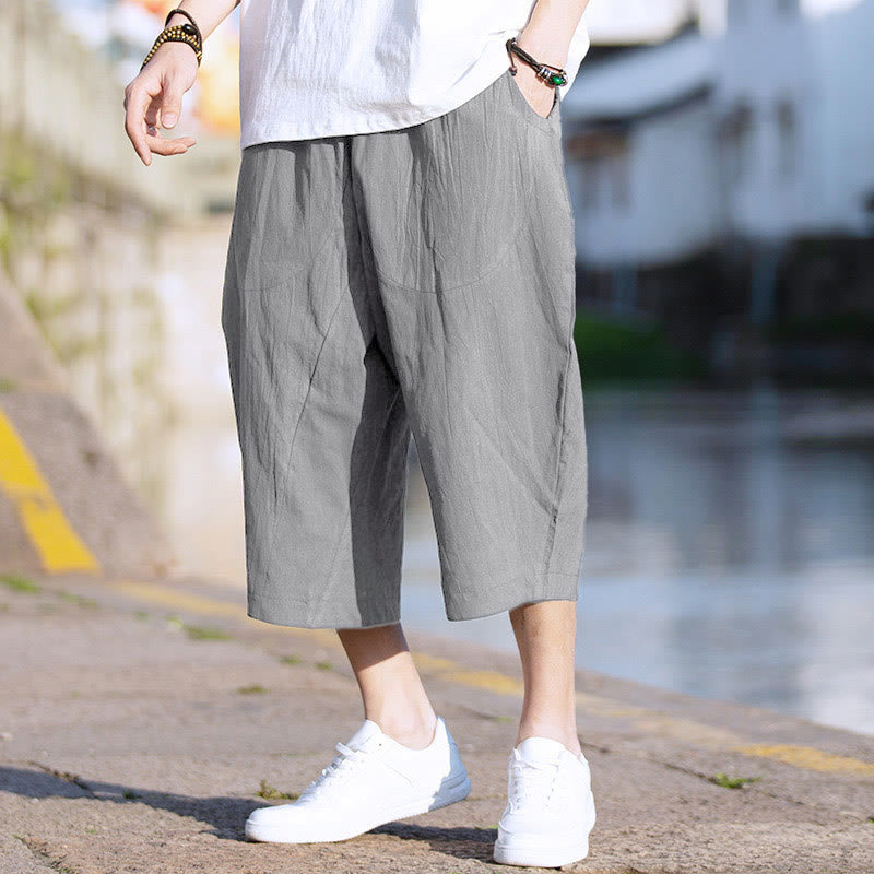 Breathable Cotton Linen Crop Straight-Leg Meditation Pants