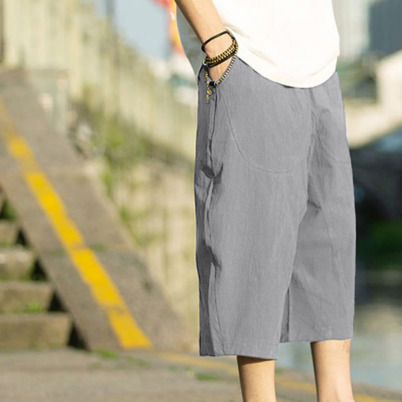 Breathable Cotton Linen Crop Straight-Leg Meditation Pants