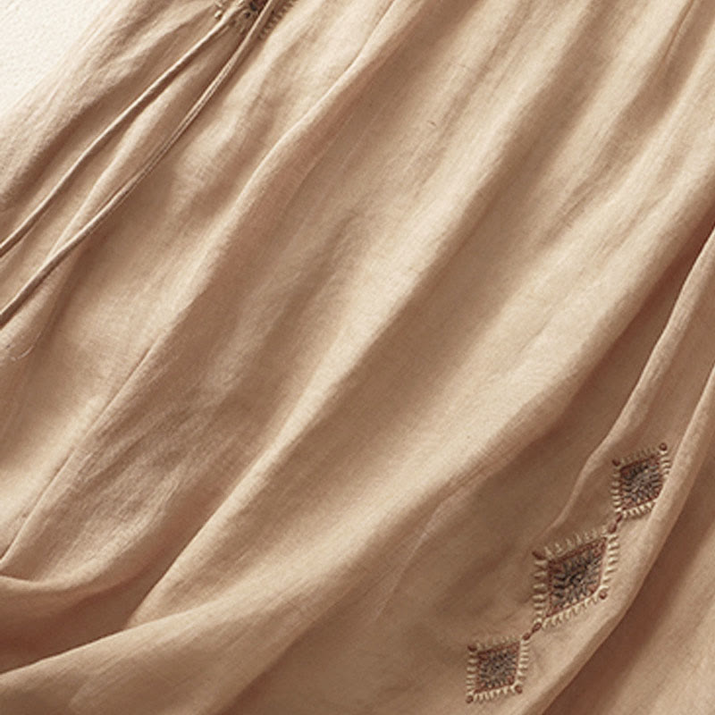 Ethnic Vintage Embroidery Button Design Women's Cotton Linen 7-8 Length Skirt