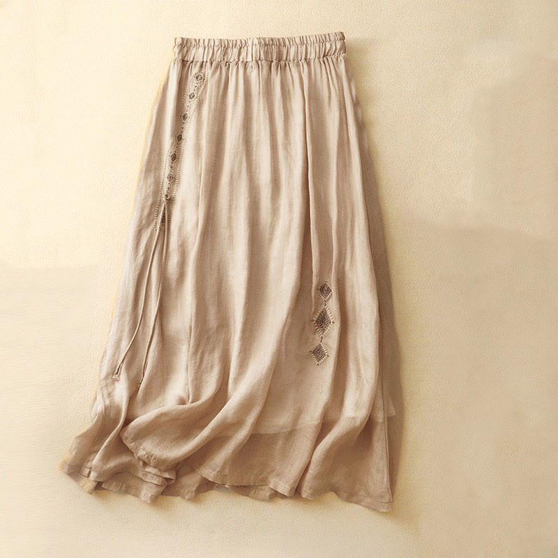 Ethnic Vintage Embroidery Button Design Women's Cotton Linen 7-8 Length Skirt