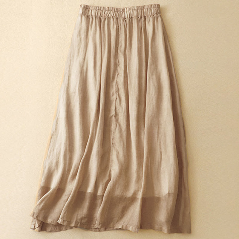 Ethnic Vintage Embroidery Button Design Women's Cotton Linen 7-8 Length Skirt