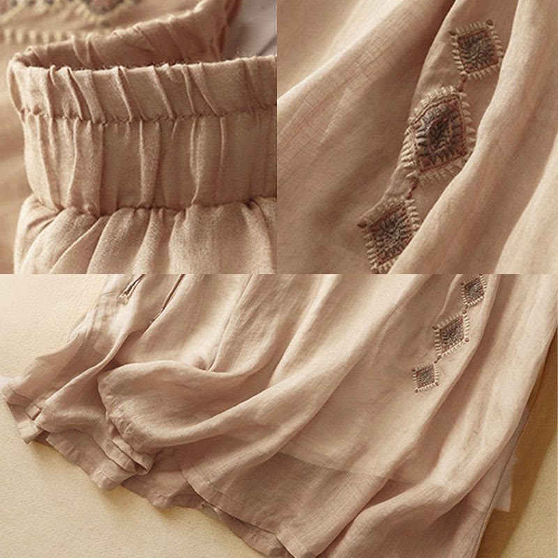 Ethnic Vintage Embroidery Button Design Women's Cotton Linen 7-8 Length Skirt