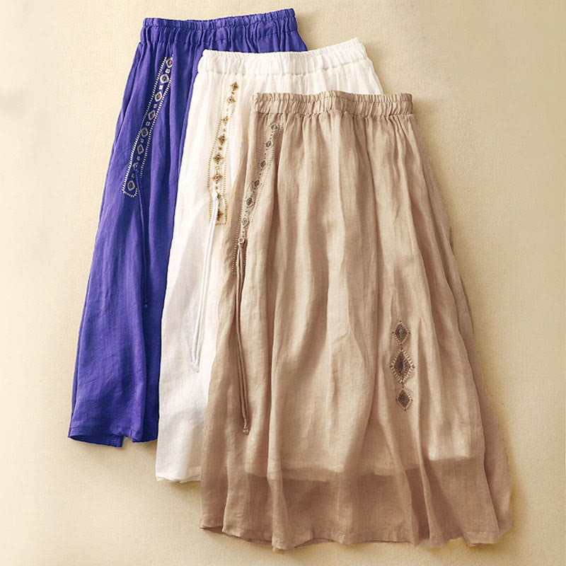 Ethnic Vintage Embroidery Button Design Women's Cotton Linen 7-8 Length Skirt
