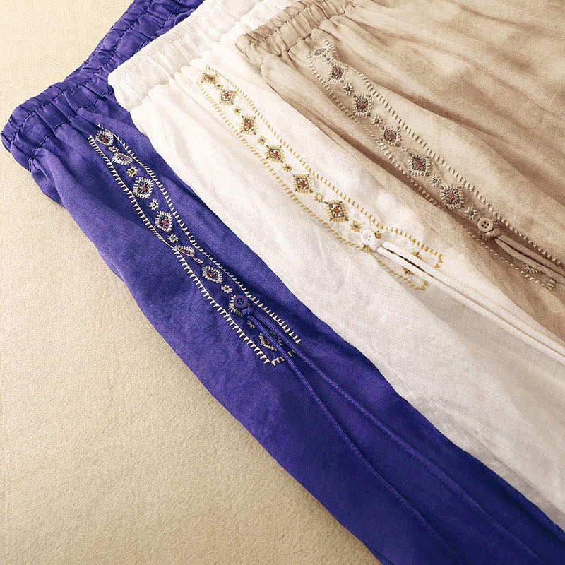 Ethnic Vintage Embroidery Button Design Women's Cotton Linen 7-8 Length Skirt
