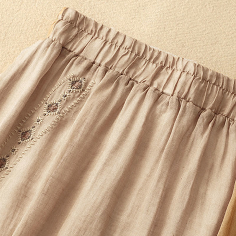 Ethnic Vintage Embroidery Button Design Women's Cotton Linen 7-8 Length Skirt