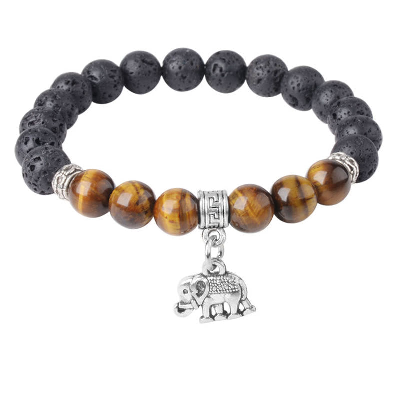 Natural Black Lava Rock Beaded Bracelet with Symbolic Animal Charm