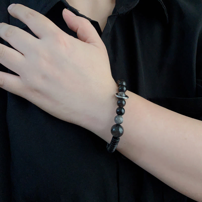Reflective Silver Sheen Obsidian, Ebony Wood & Coconut Shell Grounding Bracelet