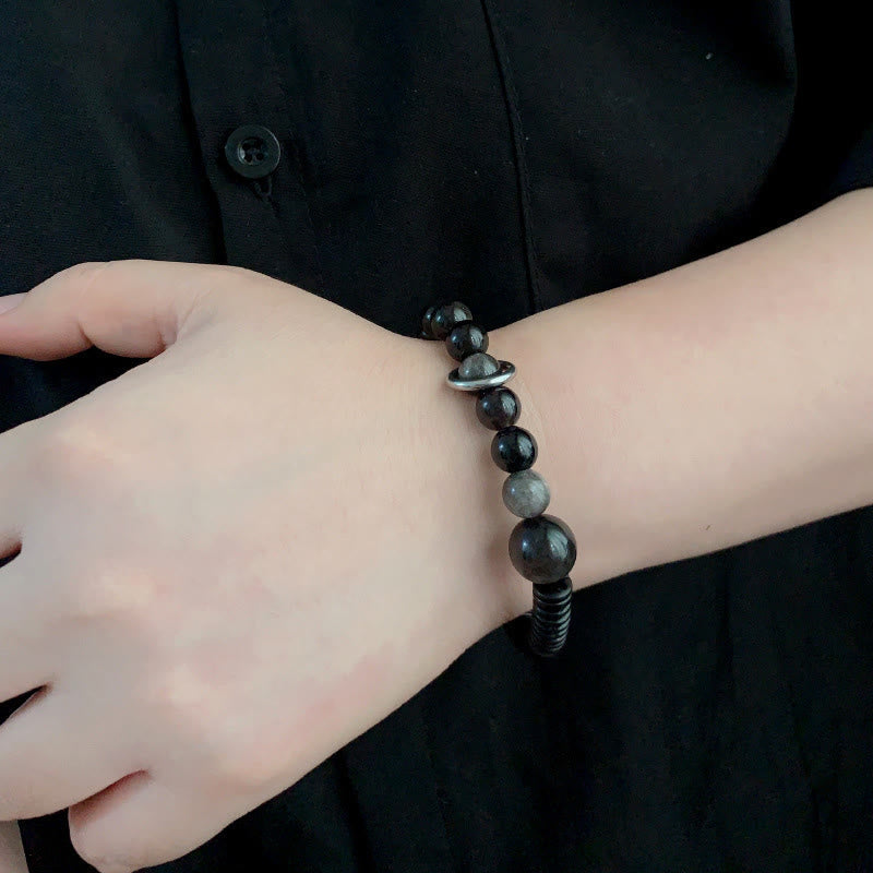 Reflective Silver Sheen Obsidian, Ebony Wood & Coconut Shell Grounding Bracelet