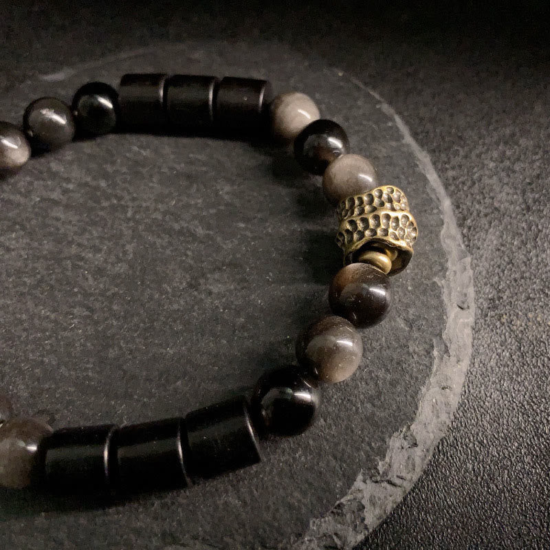 Silver Sheen Obsidian and Ebony Wood Handmade Copper Accented Bracelet