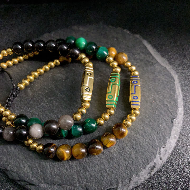 Bone Pattern Titanium Steel and Tiger Eye Beaded Courage Bracelet
