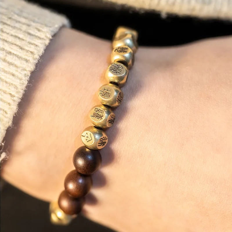 Adjustable Lightning Struck Jujube Wood Bead Bracelet with Copper and Brass Accents