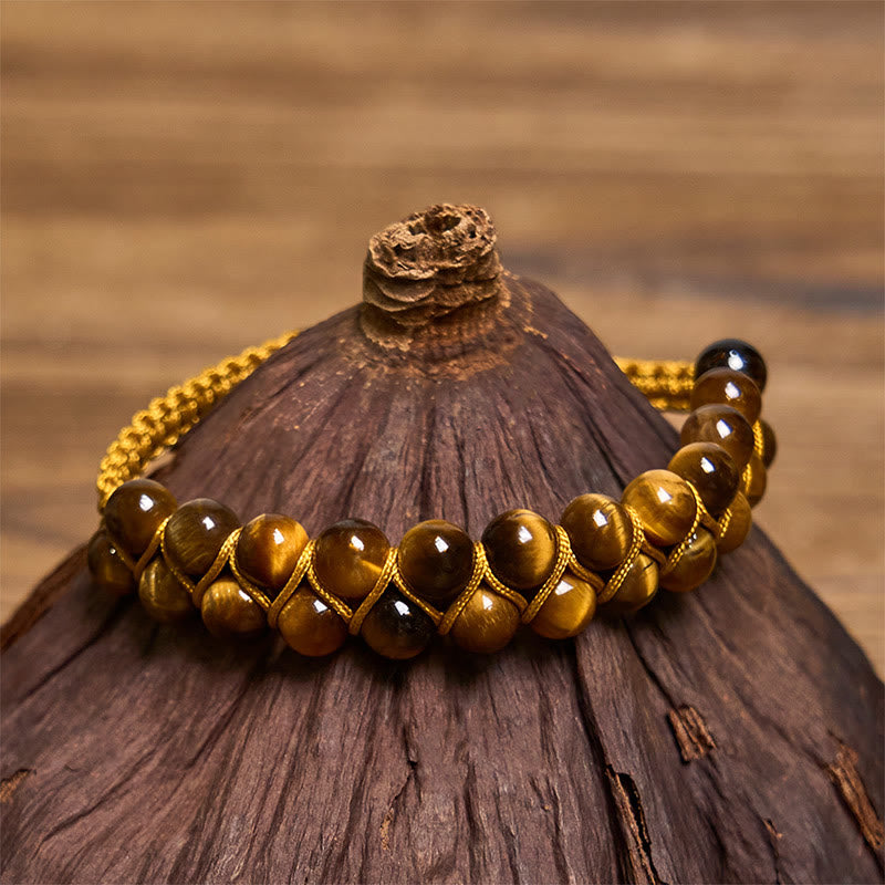 Natural Tiger Eye Cinnabar Hand-woven Double Row Beads Protection Bracelet