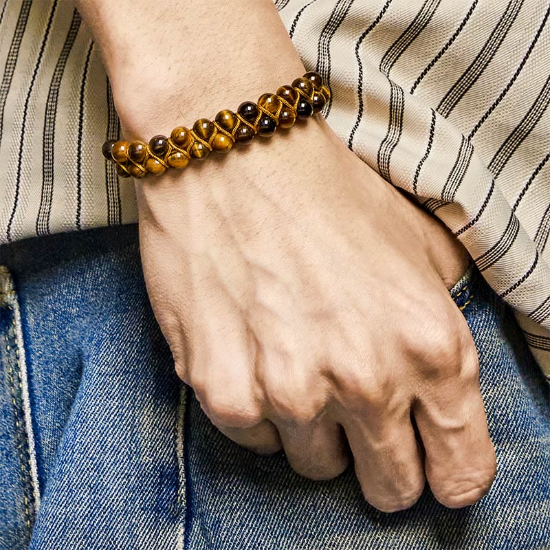 Natural Tiger Eye Cinnabar Hand-woven Double Row Beads Protection Bracelet