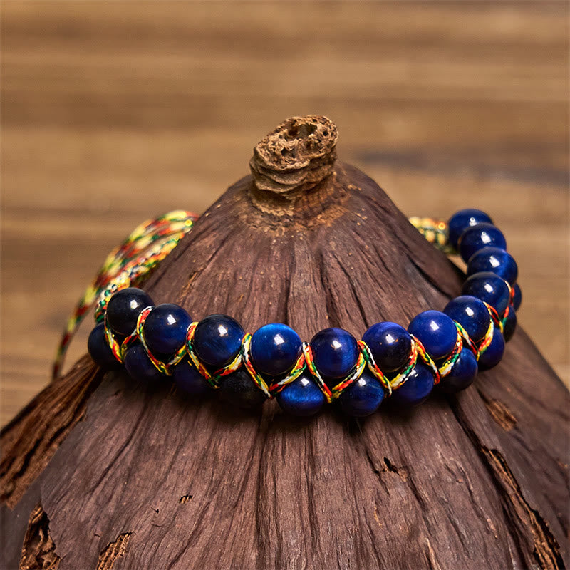 Hand-Woven Blue Tiger Eye Double Row Beaded Adjustable Bracelet
