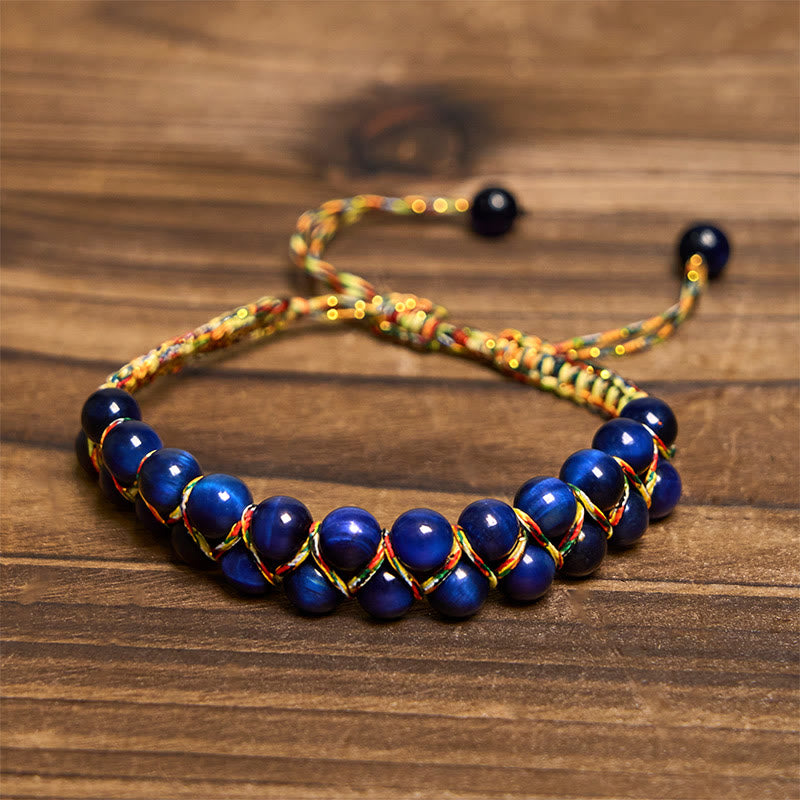 Hand-Woven Blue Tiger Eye Double Row Beaded Adjustable Bracelet