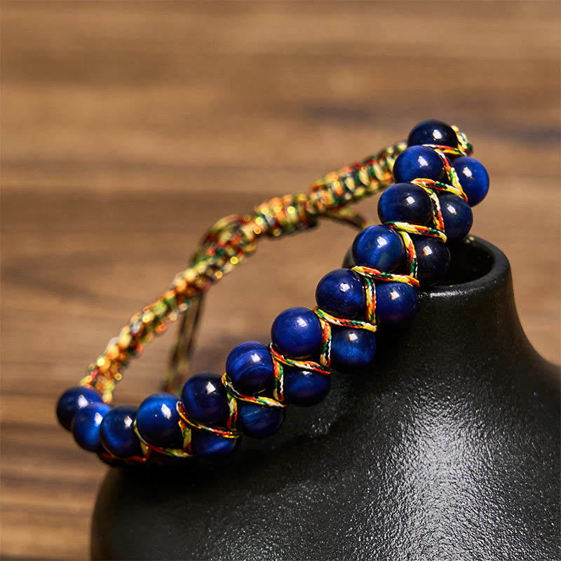 Hand-Woven Blue Tiger Eye Double Row Beaded Adjustable Bracelet