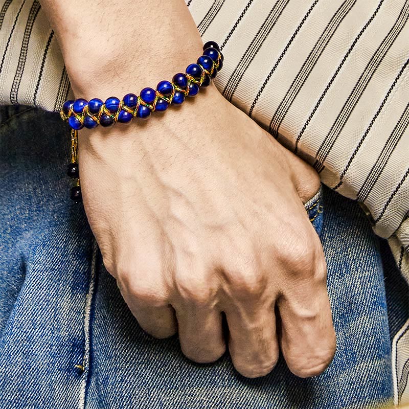 Hand-Woven Blue Tiger Eye Double Row Beaded Adjustable Bracelet