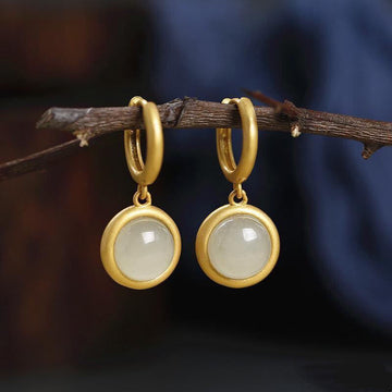 925 Sterling Silver White Jade Agate Prosperity Earrings