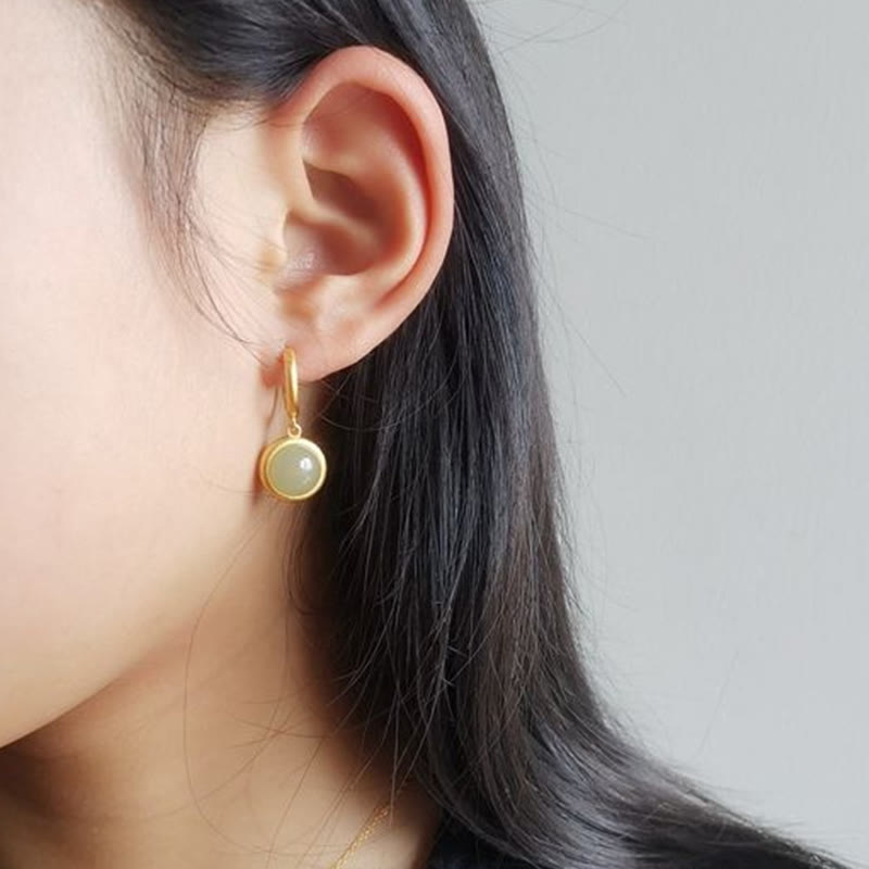 925 Sterling Silver White Jade Agate Prosperity Earrings