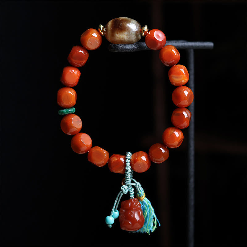 Natural South Red Agate Pixiu and Dzi Bead Hand-Carved Bracelet