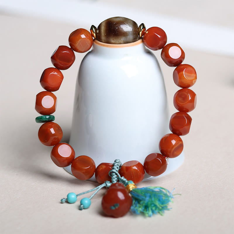 Natural South Red Agate Pixiu and Dzi Bead Hand-Carved Bracelet