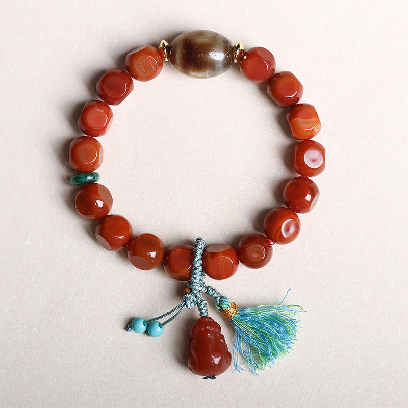 Natural South Red Agate Pixiu and Dzi Bead Hand-Carved Bracelet