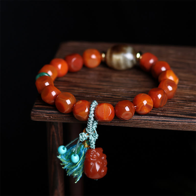 Natural South Red Agate Pixiu and Dzi Bead Hand-Carved Bracelet