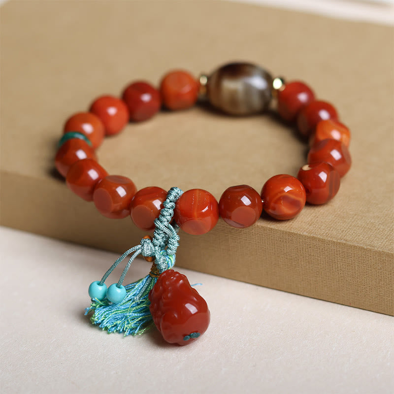 Natural South Red Agate Pixiu and Dzi Bead Hand-Carved Bracelet