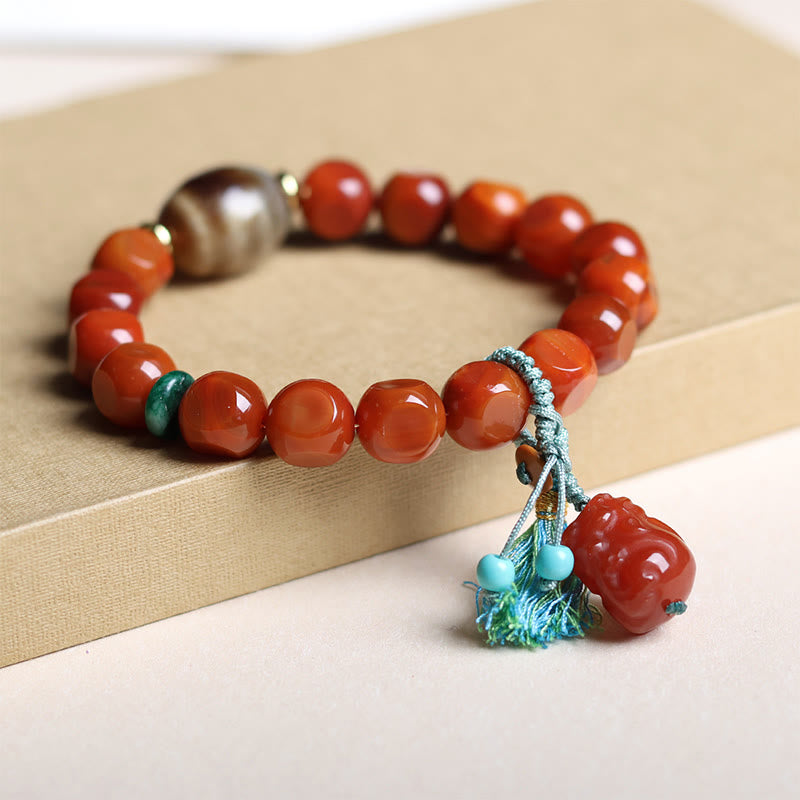 Natural South Red Agate Pixiu and Dzi Bead Hand-Carved Bracelet