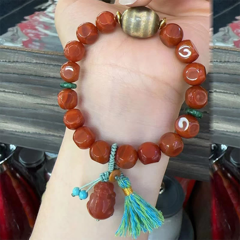 Natural South Red Agate Pixiu and Dzi Bead Hand-Carved Bracelet