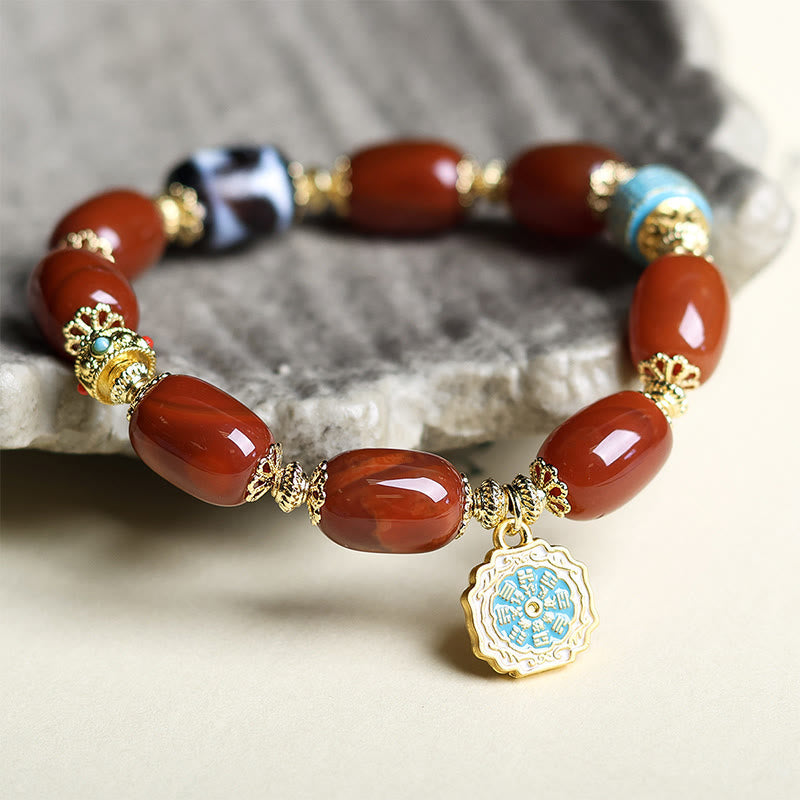Natural South Red Agate & Copper Dzi Bead Bagua Beaded Bracelet