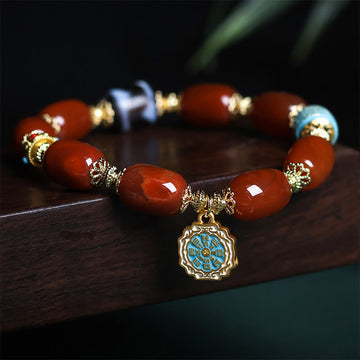 Natural South Red Agate & Copper Dzi Bead Bagua Beaded Bracelet