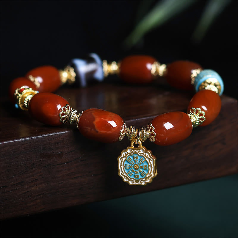 Natural South Red Agate & Copper Dzi Bead Bagua Beaded Bracelet