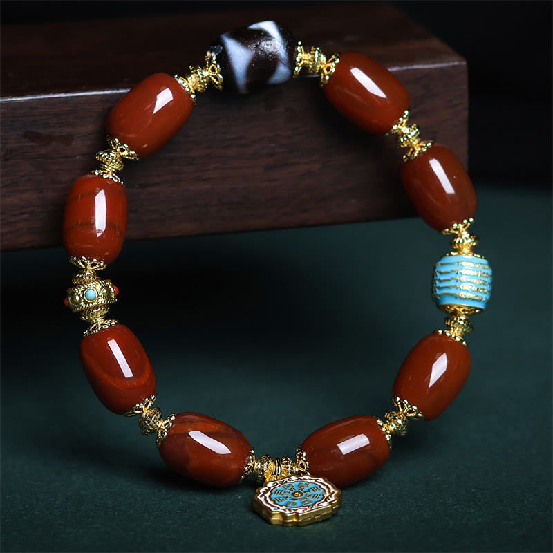 Natural South Red Agate & Copper Dzi Bead Bagua Beaded Bracelet