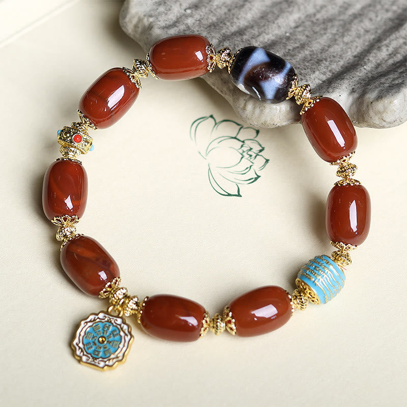 Natural South Red Agate & Copper Dzi Bead Bagua Beaded Bracelet