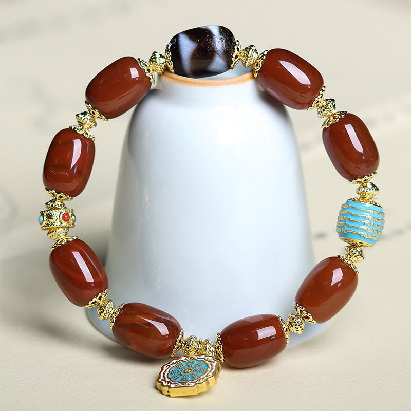 Natural South Red Agate & Copper Dzi Bead Bagua Beaded Bracelet