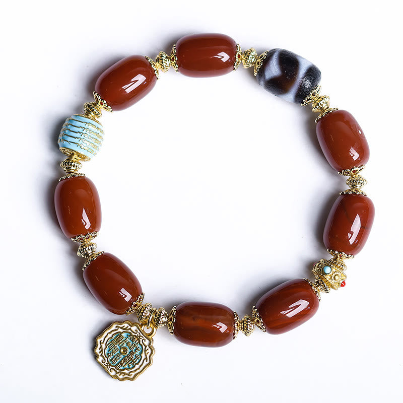 Natural South Red Agate & Copper Dzi Bead Bagua Beaded Bracelet