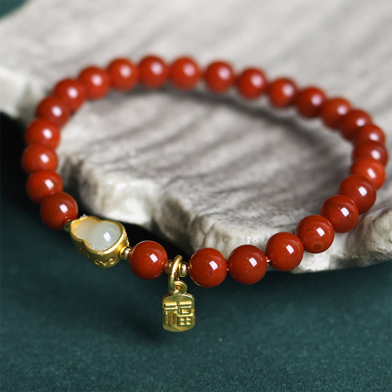 Natural South Red Agate Hetian Jade Gourd Positive Bracelet