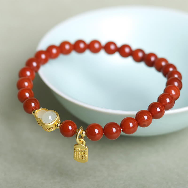 Natural South Red Agate Hetian Jade Gourd Positive Bracelet