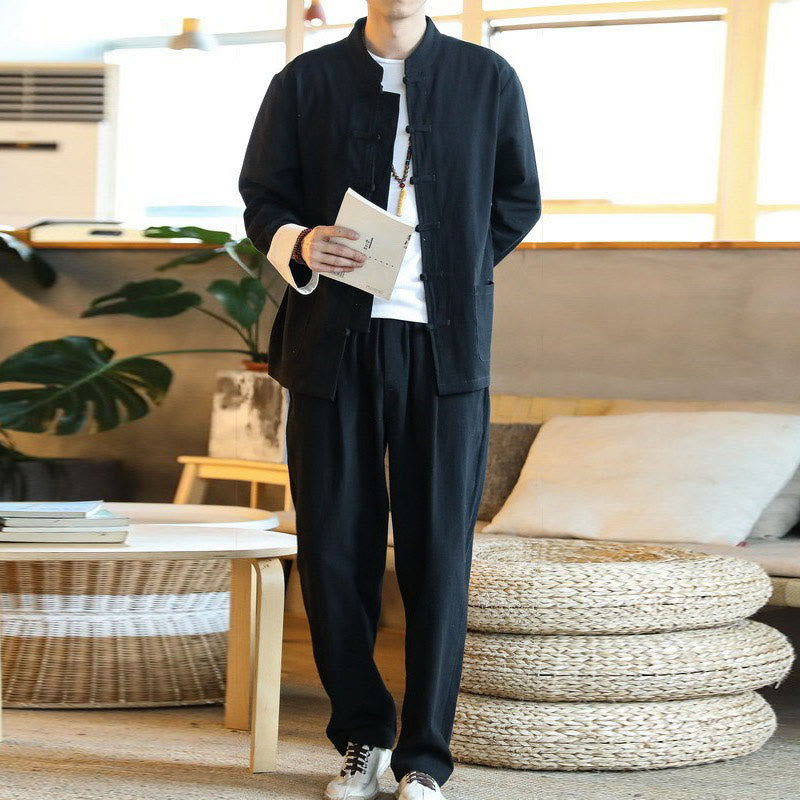 2Pcs Zen Tang Suit Men's Frog-Button Long Sleeve Shirt Pants Set With Pockets