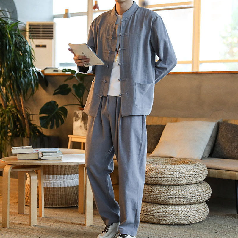 2Pcs Zen Tang Suit Men's Frog-Button Long Sleeve Shirt Pants Set With Pockets