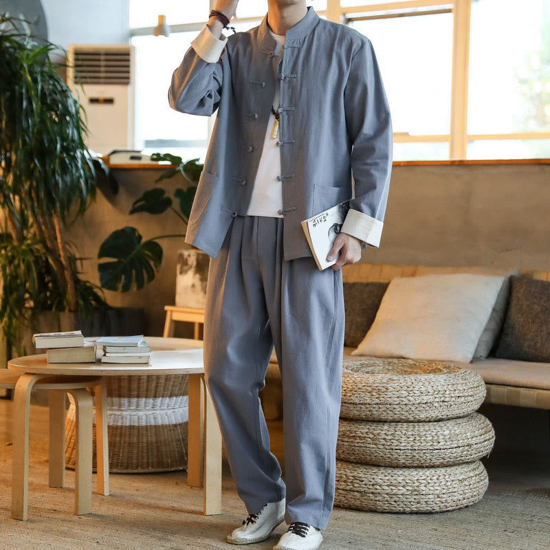 2Pcs Zen Tang Suit Men's Frog-Button Long Sleeve Shirt Pants Set With Pockets