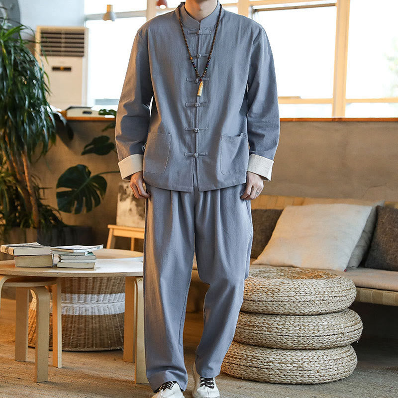 2Pcs Zen Tang Suit Men's Frog-Button Long Sleeve Shirt Pants Set With Pockets