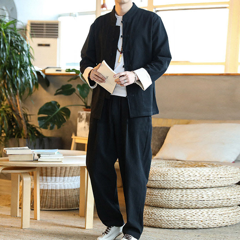 2Pcs Zen Tang Suit Men's Frog-Button Long Sleeve Shirt Pants Set With Pockets