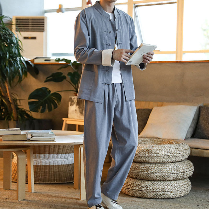2Pcs Zen Tang Suit Men's Frog-Button Long Sleeve Shirt Pants Set With Pockets