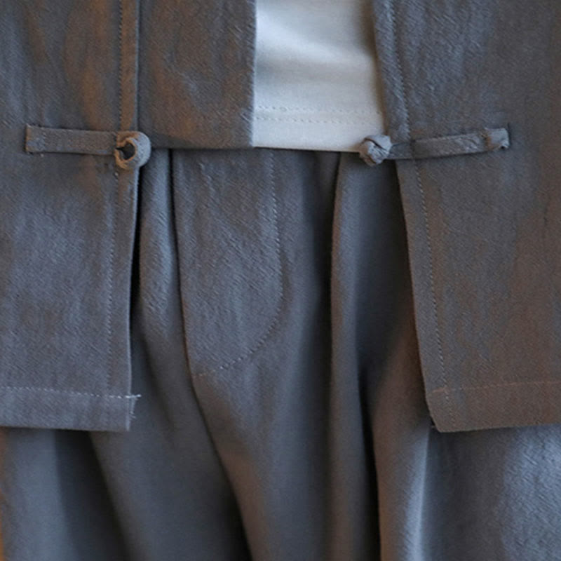 2Pcs Zen Tang Suit Men's Frog-Button Long Sleeve Shirt Pants Set With Pockets