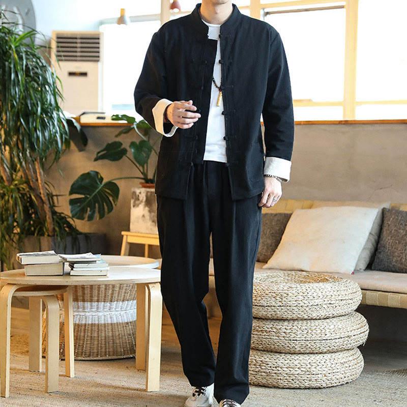 2Pcs Zen Tang Suit Men's Frog-Button Long Sleeve Shirt Pants Set With Pockets
