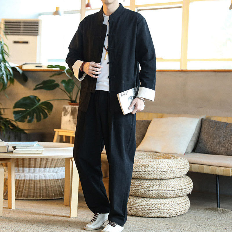2Pcs Zen Tang Suit Men's Frog-Button Long Sleeve Shirt Pants Set With Pockets