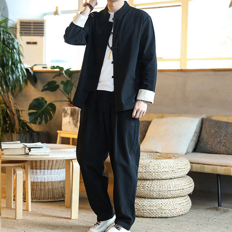 2Pcs Zen Tang Suit Men's Frog-Button Long Sleeve Shirt Pants Set With Pockets
